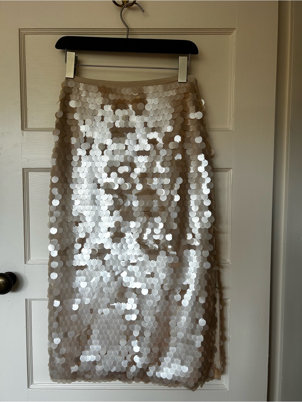 Anthropologie Nude Midi Skirt with Silver Sequins